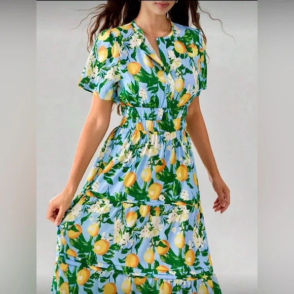 New- Women Floral Lemon Print Maxi Dress with Pockets - Medium - Picture 4 of 4